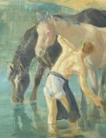 Udvary Pál (1900-1987): Itatás (Balatonpart?). Olaj, vászon. Jelezve balra lent. Hátoldalán Képzőműv...