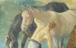 Udvary Pál (1900-1987): Itatás (Balatonpart?). Olaj, vászon. Jelezve balra lent. Hátoldalán Képzőműv...