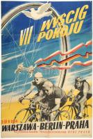 1954 VII. Wyscig Pokoju, Warszawa-Berlin-Praha, 2-17. V. 1954. / Verseny a békéért, lengyel kerékpárverseny plakát (Varsó-Berlin-Prága), kis sérülésekkel, hajtva, 84x59 cm