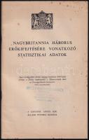 1944 Nagybritannia háborús erőkifejtésére vonatkozó statisztikai adatok. Angol országgyűlési jelentés magyar lenyomata (6564 nám) őfelsége a Király megbízásából a Miniszterelnök által az Országgyűlésnek beterjesztve 1944 novemberében. London, 1944., Angol Kir. Állami Nyomda, 49+1 p.+XIV (grafikonok) t. Papírkötés, kissé foltos borítóval. British Newspaper Agency Brit Press, Budapest, VIII.,József krt-30-32. bélyegzéssel.