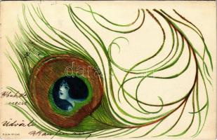 1901 Art Nouveau peacock feather lady. E.A.W. No. 1240. litho. Unsigned Raphael Kirchner