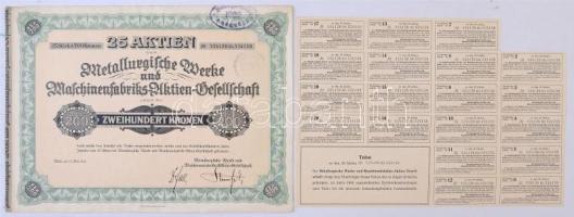 Ausztria / Bécs 1922. Metallurgische Werke und Maschinenfabriks-Akiten-Gesellschaft huszonöt részvénye egyben, összesen 5000K-ról, szelvényekkel, felülbélyegzéssel T:I-,II / Austria / Wien 1922. Metallurgische Werke und Maschinenfabriks-Akiten-Gesellschaft twenty-five shares in one about 5000 Corona in sum total with coupons and overprint C:AU,XF