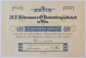 Ausztria / Bécs 1923. M. L. Biedermann & Co. Bankaktiengesellschaft in Wien részvény 400K-ról T:I- / Austria / Wien 1923. M. L. Biedermann & Co. Bankaktiengesellschaft in Wien share about 400 Corona C:AU