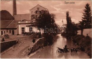 1906 Eger, Eger-patak, gőzmalom, Fischer Lipót üzlete, lisztraktár, lovashintó a patakban (EK)