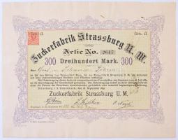 Németország / Strassburg (Uckermark) 1891. Zuckerfabrik Strassburg u. M. névre szóló részvény 300M-ról, felülbélyegzésekkel T:II / Germany Ű/ Strassburg (Uckermark) 1891. Zuckerfabrik Strassburg u. M. share about 300 Mark with overprints C:XF