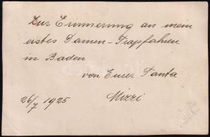 1925 Baden, hölgy az ügetőn, hátoldalán német nyelvű üdvözlettel feliratozott fotó, Atelier Schiestl...