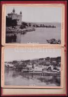 1895 Abbazia, leporelló album 12 fotóval, díszes, aranyozott egészvászon-kötésben kissé sérült, folt...