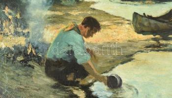 Kárpáthy Jenő (1870-1950): Cserkészfiú a vízparton. Olaj, vászon, jelzett. Fa keretben. 30x37,5 cm /...