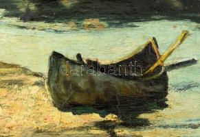 Kárpáthy Jenő (1870-1950): Cserkészfiú a vízparton. Olaj, vászon, jelzett. Fa keretben. 30x37,5 cm /...