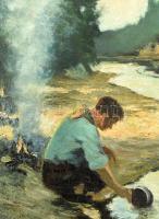 Kárpáthy Jenő (1870-1950): Cserkészfiú a vízparton. Olaj, vászon, jelzett. Fa keretben. 30x37,5 cm /...