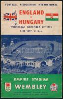 1953 Magyarország-Anglia, a legendás 6:3-as labdarúgó mérkőzés meccsfüzete, és egy belépőjegy a Wembley Stadionba, ahol az Aranycsapat legyőzte az évtizedek óta veretlen Angliát. Kissé foltos lapokkal, hajtásnyommal, borítón apró szakadásokkal és tollas eredmény feljegyzéssel./ 1953 Hungary - England, legendary football match booklet, and a entry ticket to the Wembley Stadium, where the Golden Team of Hungary defeated England. With spotty pages, small tears and the result written on the front cover.