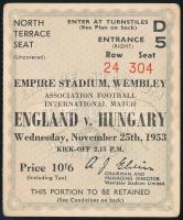 1953 Magyarország-Anglia, a legendás 6:3-as labdarúgó mérkőzés meccsfüzete, és egy belépőjegy a Wemb...