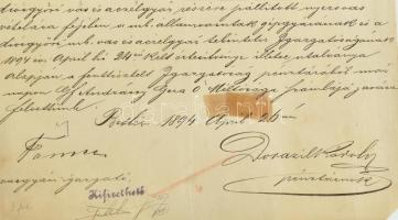 1894 gr. Andrássy Géza vasgyára, Betlér, rendkívül magas illetékbélyeg lerovás. 15x20ft + 1 Ft + 25 ...