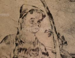 Szabó Vladimir (1905-1991): Halász. Rézkarc, papír, sérült, jelzett, 15×14 cm, üvegezett kopott fa k...