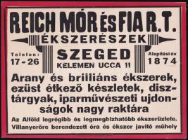 cca 1930 Aranyműves. Reich Mór és fiai RT. Szeged. Papír cégtábla és reklám nyomtatvány. 17x23 c, 17x13 cm