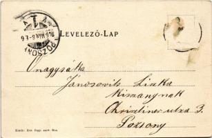 1906 Bős, Böős, Bes, Gabcikovo; Római katolikus népiskola és templom, Fő utca gyalogjárda / school a...