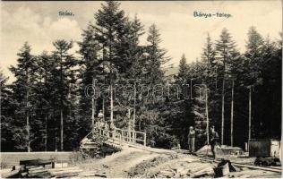 Stószfürdő, Stoósz-fürdő, Kúpele Stós; Bánya telep, vasúti fahíd, iparvasút, csille. Wlaszlovits Gusztáv kiadása / mine colony, wooden industrial railway bridge