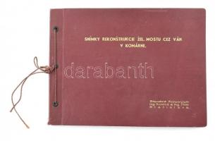 cca 1946 Komárom, Duna-híd újjáépítésének munkálatai a II. világháború után, a híd helyreállításának alkalmából kiadott fényképalbum, 44 db albumlapokra ragasztott fotóval, nagyrészt 12,5x8,5 cm méretben, aranyozott, vászonborítású, kissé sérült albumban, 33x25 cm / Komárno, bridge reconstruction on the Danube after WW2, album with 44 photos (mainly 12,5x8,5 cm), album slightly damaged, 33x25 cm, Stavebné Konzorcium Ing. Komlos a Ing. Thim Bratislava