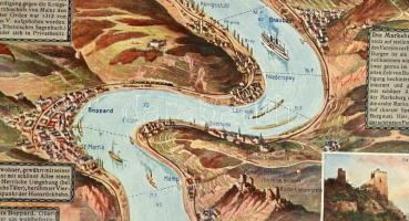 1913 Relief - Panorama des Rheines - színes litografált, dekoratív, kihajtható rajzos panorámakép a ...