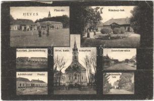 1922 Heves, Piac tér, Nánássy lak, villa, Kaszinó, Járásbíróság, Római katolikus templom, Szerelem utca, Hellebronth lak, Adóhivatal, Posta. Cserba Jenő kiadása (EB)