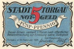 Német Birodalom/Weimari Köztársaság/ Torgau 1921. 5Pf + 10Pf + 25Pf + 50Pf 4klf db, teljes sor T:I