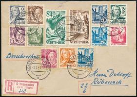 Württemberg 1948 Ajánlott levél 13 db bélyeggel / Registered cover with 13 stamps