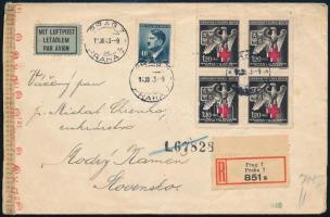 Böhmen und Mähren 1943 Ajánlott cenzúrázott légi levél Prágából Szlovákiába / Böhmen und Mähren 1943 Registered censored airmail cover from Prague to Slovakia