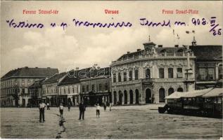 1908 Versec, Vrsac; Ferenc József tér, M. Sonnenschein, Wasa Petrovits, Maria Uroschevits, Koloman Weiss, Adolf Henn és Győri üzlete / square, shops