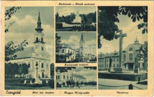 1949 Csongrád, Római katolikus templom, Park, Hősök szobra, emlékmű, Magyar Király szálloda, Városháza. Bozvári kiadása (gyűrődés / crease)