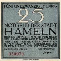 Német Birodalom/Weimari Köztársaság/ Hameln 1921. 25Pf + 50Pf + 75Pf + 1M 4klf db, teljes sor T:I