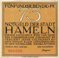 Német Birodalom/Weimari Köztársaság/ Hameln 1921. 25Pf + 50Pf + 75Pf + 1M 4klf db, teljes sor T:I