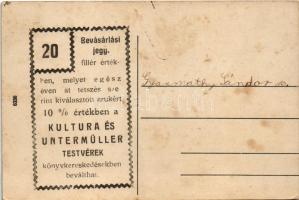 Csongrád, vasútállomás, vonat. Kultura és Untermüller Testvérek bevásárlási jegye a hátoldalon 10% é...