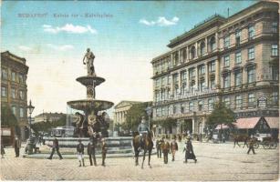 1915 Budapest VIII. Kálvin tér, gyógyszertár, takarékpénztár, szökőkút, villamos (fl)