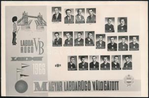 1966 Magyar Labdarúgó válogatott csoportképe, Anglia, Labdarúgó VB, rajta a labdarúgók arcképével, Baróti Lajos edző, Illovszky Rudolf, Botár Zoltán, Vinkovics Lajos, Gelei József, Géczi István, Mátrai Sándor, Mészöly Kálmán, Szepesi Gusztáv, Ihász Kálmán, Sárosi László, Nagy István, Sipos Ferenc, Solymosi Ernő, Nagy Antal, Farkas János, Bene Ferenc, Albert Flórián, Rákosi Gyula, Fenyvesi Máté, 11x18 cm