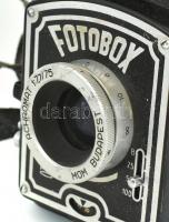 MOM Fotobox fényképezőgép, Achromat 1:7.7/75-ös objektívvel, működőképes állapotban, eredeti bőr tok...