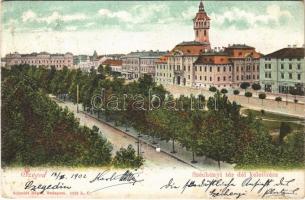 1902 Szeged, Széchenyi tér délkeleti része, Városháza, üzletek. Schmidt Edgar kiadása (vágott / cut)