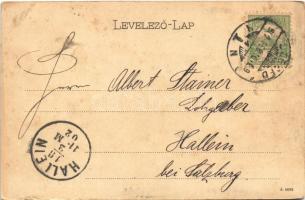 1902 Szeged, Széchenyi tér délkeleti része, Városháza, üzletek. Schmidt Edgar kiadása (vágott / cut)