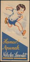 cca 1930-1940 Nikotex-Levente cigaretta reklám számolócédula, Pálla Jenő (1883-1958) festő, grafikus illusztrációjával, Klösz Gy. és Fia Bp., 13,5x6,5 cm