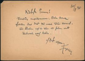 1940 Lehár Ferenc (1870-1948) zeneszerző német nyelvű, autográf levelezőlapja vitéz Papházay Istvánn...
