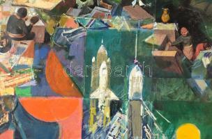 Gulyás Dénes (1927-2003): Tisztelet Brueghelnek, 1984. Olaj, kollázs, farost, jelzett. Hátoldalán Ho...