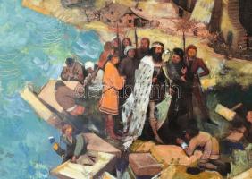 Gulyás Dénes (1927-2003): Tisztelet Brueghelnek, 1984. Olaj, kollázs, farost, jelzett. Hátoldalán Ho...