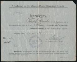 1916 A koronázás idejére, a Honvédelmi Minisztériumba, a vár területére belépést biztosító igazolvány. A budapesti m. kir. államrendőrség főkapitányi hivatala, 1916. dec. 22., hajtott, pecséttel, aláírással.