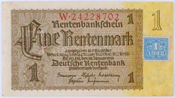 Német Demokratikus Köztársaság 1948. 1M kék bélyeg korábbi 1937-es bankjegyen T:III / GDR 1948. 1 Mark blue stamp on 1937 banknote C:F Krause 1.