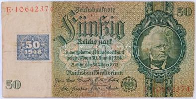 Német Demokratikus Köztársaság 1948. 50M kék bélyeg korábbi 1933-es bankjegyen T:III / GDR 1948. 50 Mark blue stamp on 1933 banknote C:F Krause 6.a