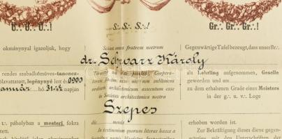 1900 Késmárk Szepes páholy szabadkőműves mesteri oklevél 42x47 cm kis szakadásokkal / Szepes logde f...