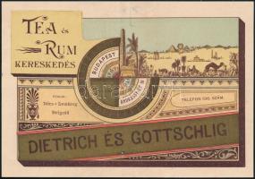 cca 1910 Dietrich és Gottschlig tea és rum kereskedés, Bp., Andrássy út 10., illusztrált, szecessziós reklám szórólap, 17,5x12 cm