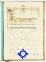 1886 Rimaszombat, Molnár József ügyvéd és fia városi polgárrá választásának díszes oklevele, Rimaszombat főjegyzője és polgármestere által aláírva, felzetes viaszpecséttel, fém rátétekkel díszített dombornyomott kartonált kötésben, jó állapotban
