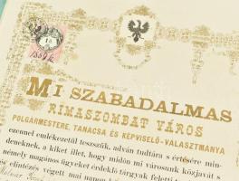 1886 Rimaszombat, Molnár József ügyvéd és fia városi polgárrá választásának díszes oklevele, Rimaszo...