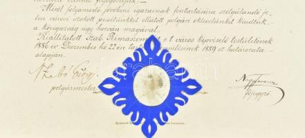 1886 Rimaszombat, Molnár József ügyvéd és fia városi polgárrá választásának díszes oklevele, Rimaszo...