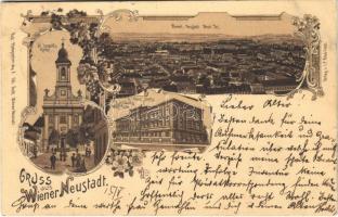 Wiener Neustadt, St. Leopolds Kirche, K. Franz Josefs Volksschule / church, school. A. Folk Art Nouveau, floral, litho (Rb)
